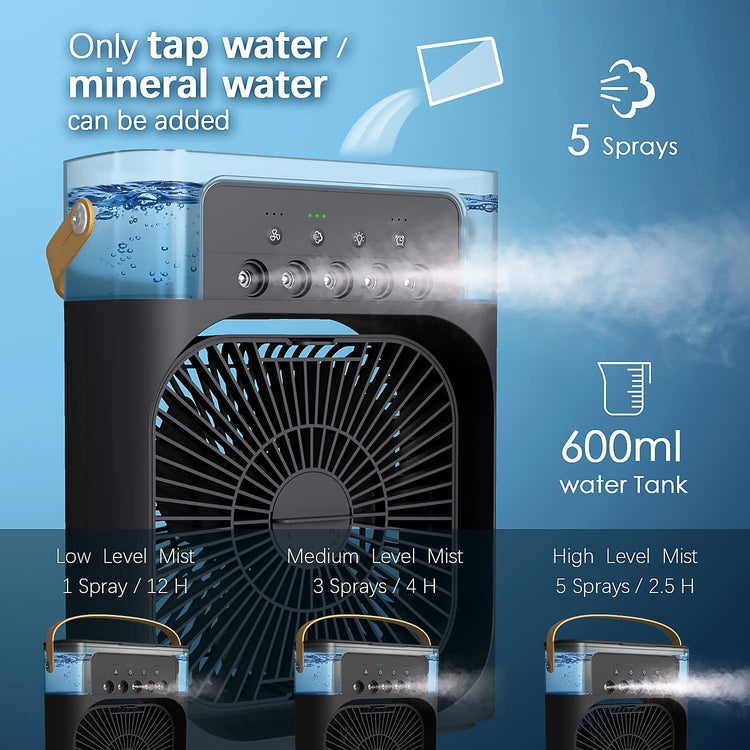  FreezeBreeze portable air cooler's fine mist function for custom humidity control, soothing dry air in personal space.