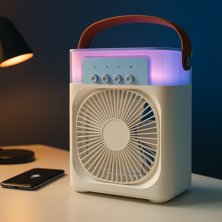 Pink light up portable air cooling humidifier fan.