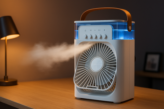Freezebreeze portable air cooler transforming a stressful WFH desk into a cool, focused productivity zone.