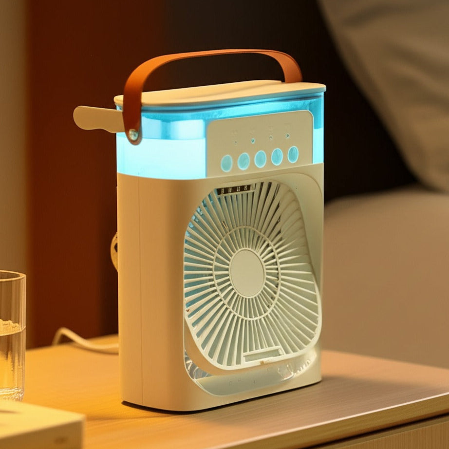 FreezeBreeze portable fan powerfully projecting cool mist, showcasing its effective mini air humidifier and personal air cooler capabilities.